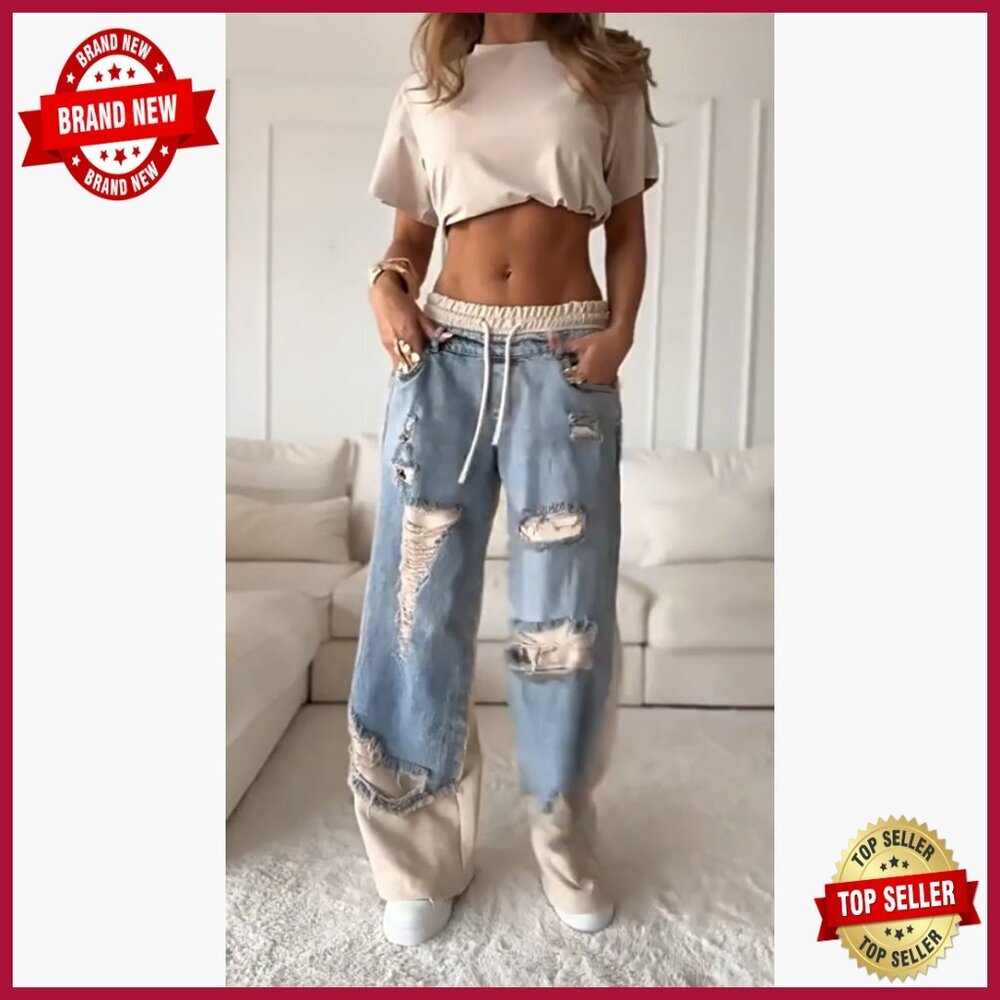 Wide Leg Patchwork Jeans Elastic Waist Distressed Denim Pants Sweatpants - Picture 7 of 7